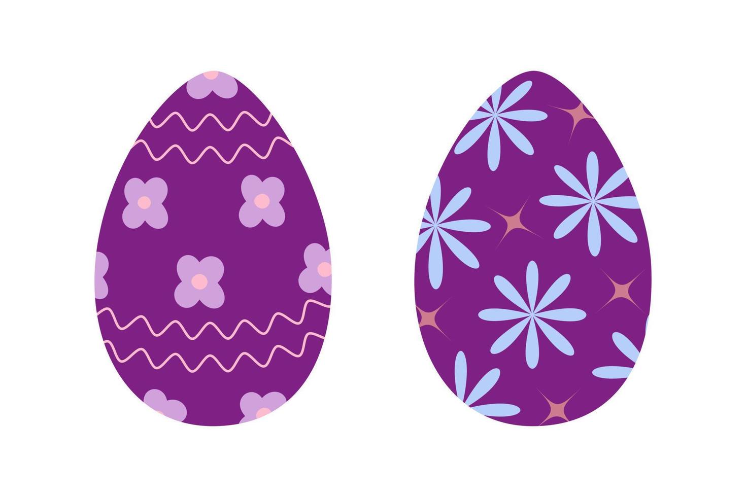 Set of two Easter eggs in trendy purple with abstract pattern of wavy lines, stars and flowers. EPS vector