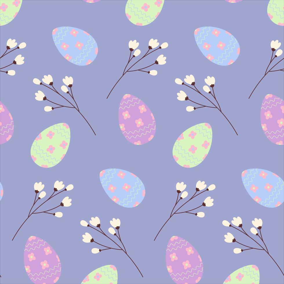 Easter seamless pattern with Easter eggs and twigs in trendy shades. Happy Easter. Springtime. EPS vector
