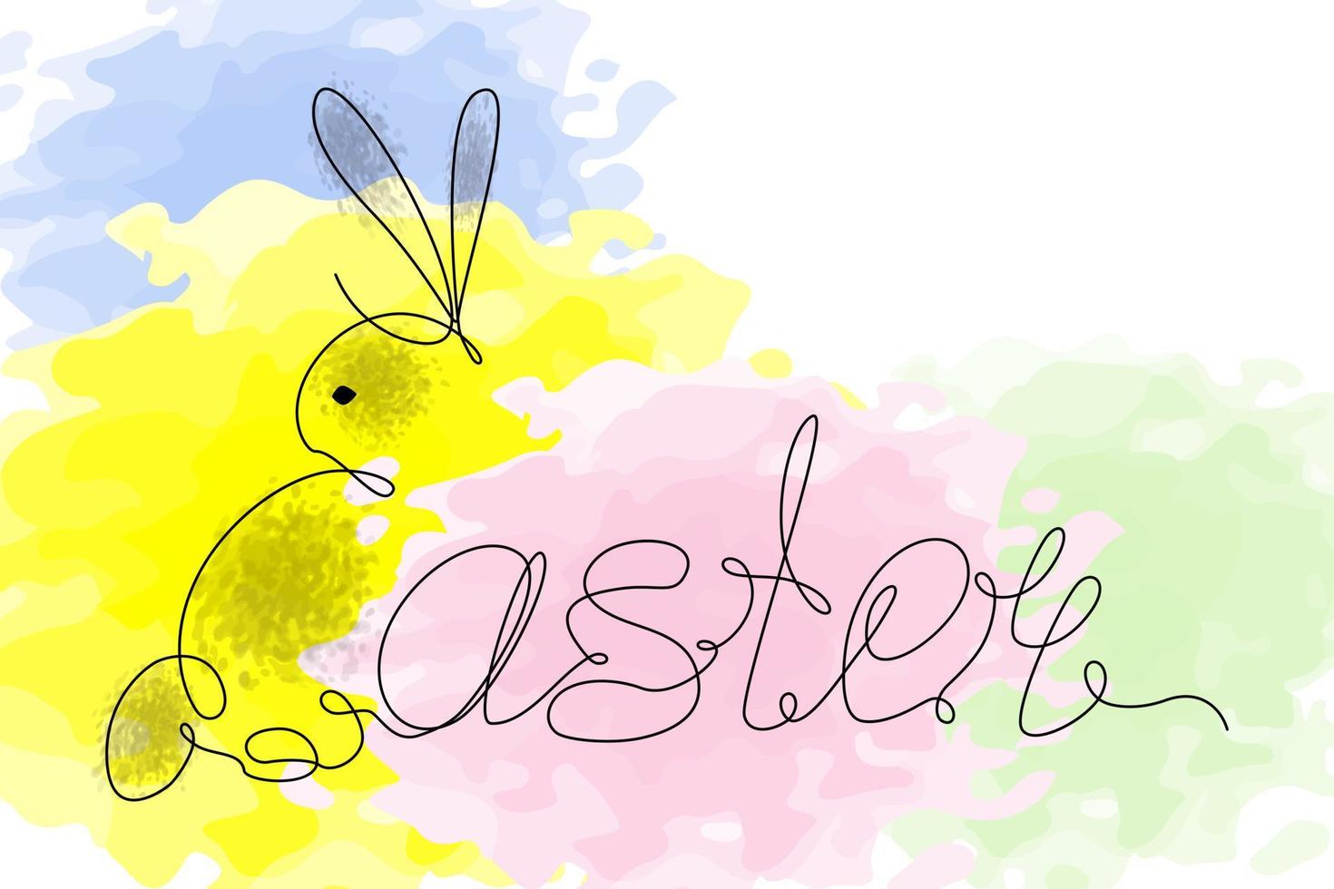 Easter bunny and Easter lettering in one continuous line against vibrant watercolor spots. Isolate vector