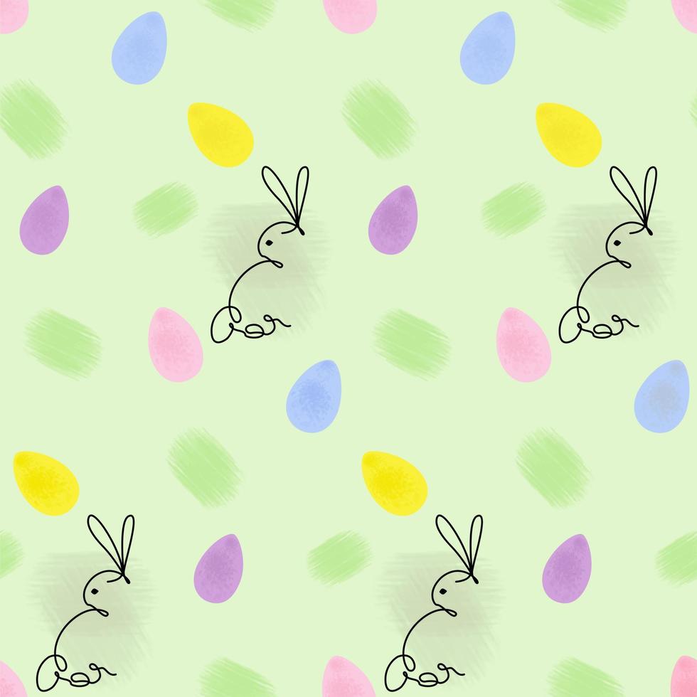 Rabbit in one continuous line and colorful watercolor Easter eggs on a bright background with hand drawn elements. vector