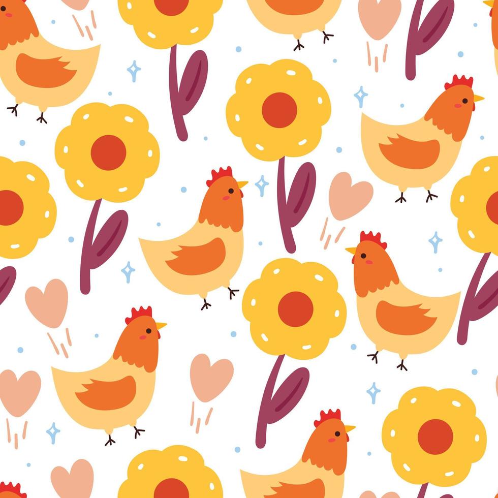 seamless pattern cartoon chicken and flower. cute animal wallpaper for textile, gift wrap paper vector