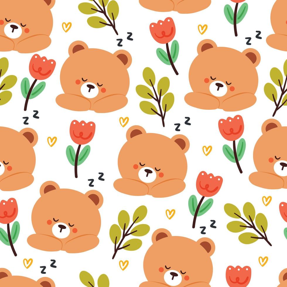 flor y oso de dibujos animados de patrones sin fisuras. linda ilustración de papel tapiz animal para papel de regalo vector