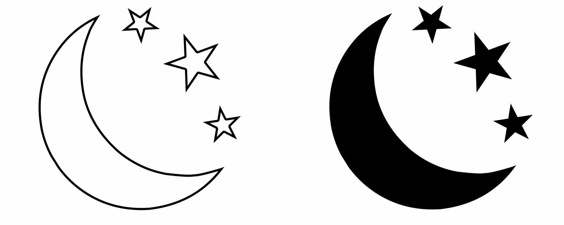 outline silhouette Moon and stars icon set isolated on white background vector