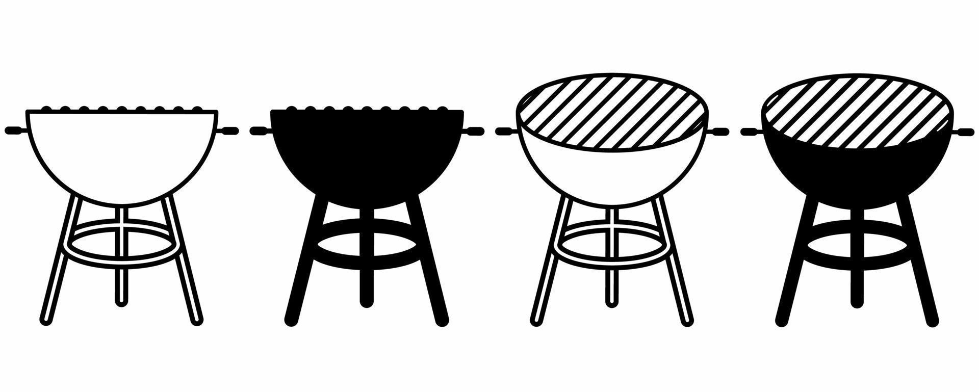 outline silhouette BBQ Grill icon set isolated on white background vector