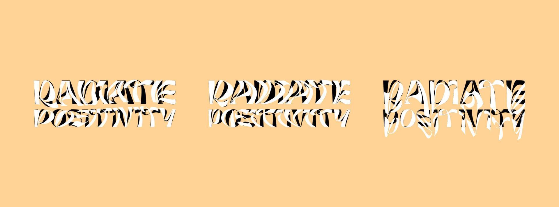 Radiate positivity psychedelic lettering logo set. Hippie crazy style sticker collection. Groovy vibe quote hippy badge design templates. Twisted, wavy and melted y2k phrase logotype eps illustration vector