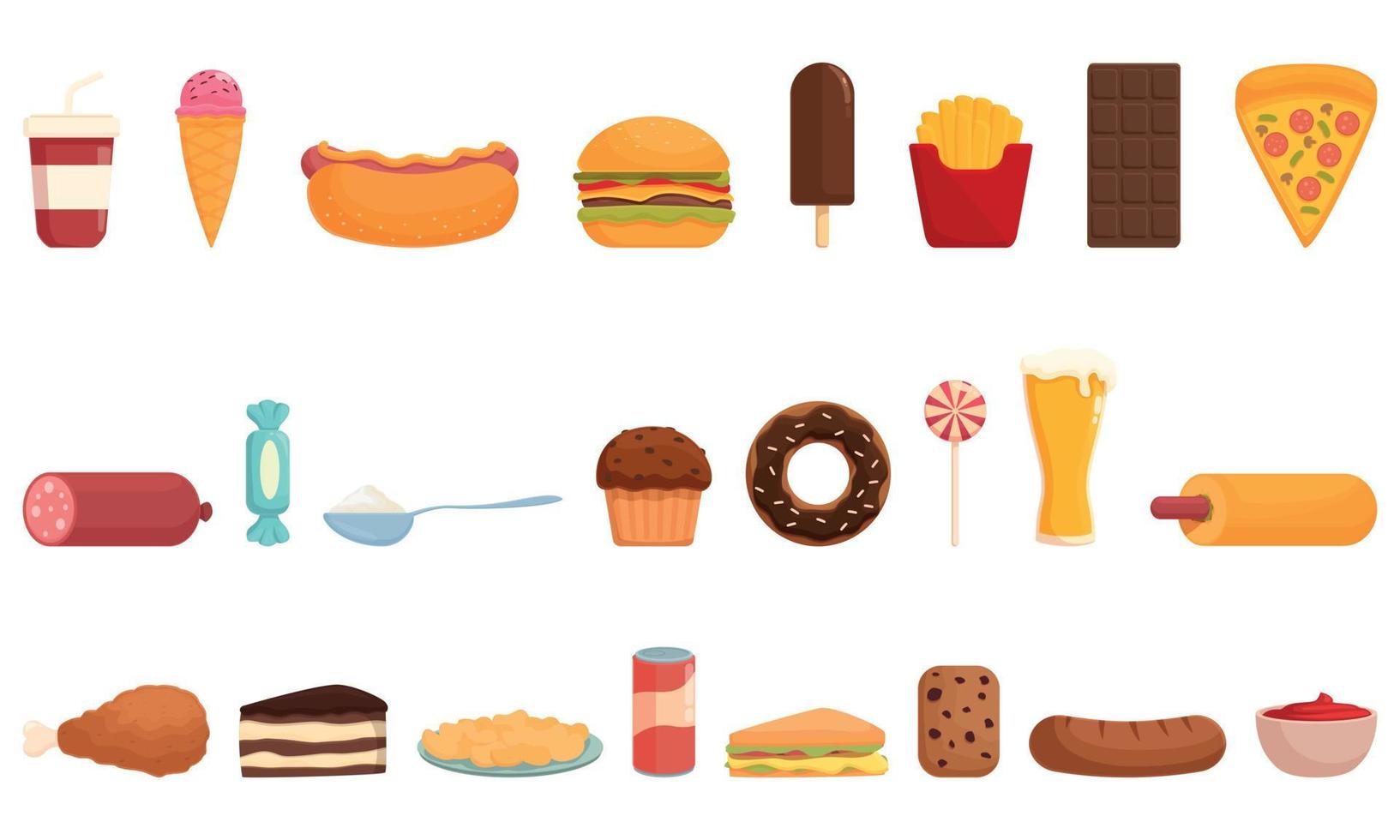 Harmful products icons set cartoon vector. Chocolate teeth vector