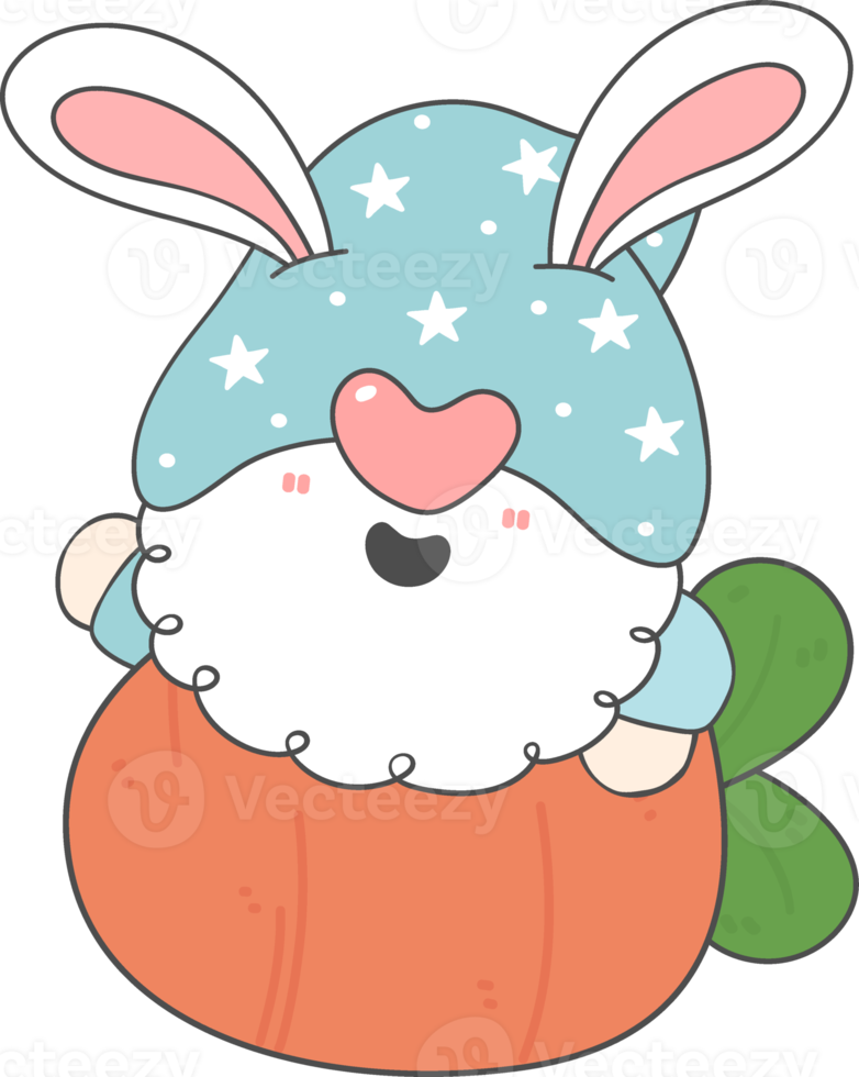 cute adorable happy smile gnome on Easter egg, spring easter with rabbit ears, cartoon hand drawing doodle png