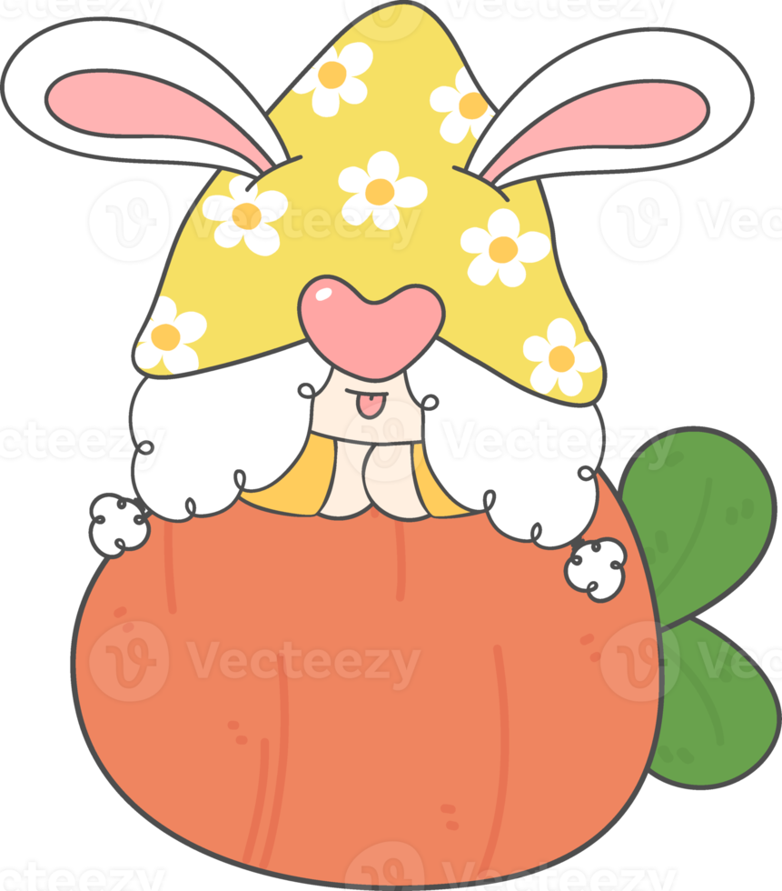 cute adorable happy smile gnome on Easter egg, spring easter with rabbit ears, cartoon hand drawing doodle png