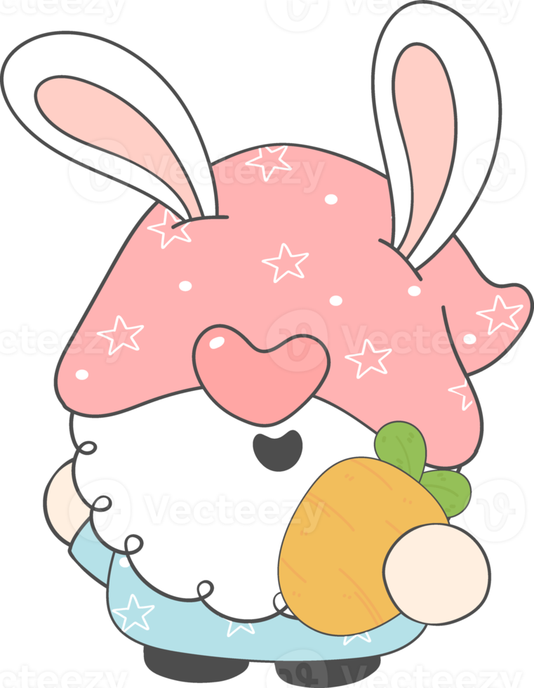 cute adorable happy smile gnome on Easter egg, spring easter with rabbit ears, cartoon hand drawing doodle png