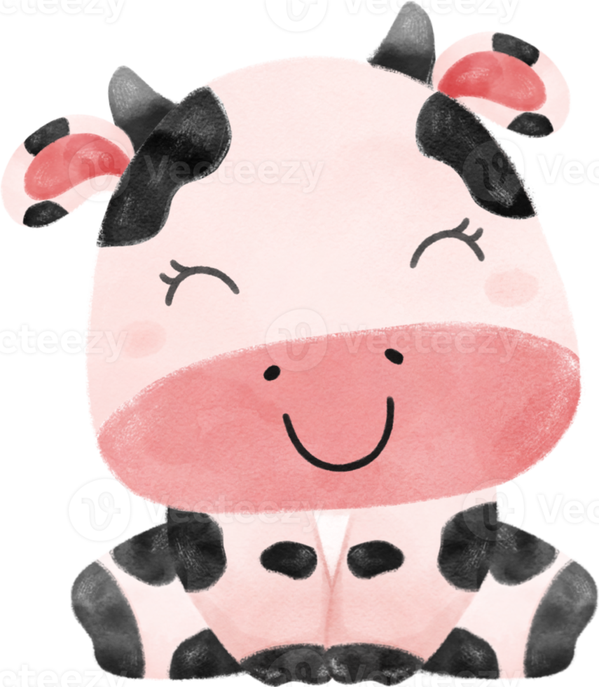 cute happy smile baby pink cow farm animal nursery baby shower watercolour illustration png