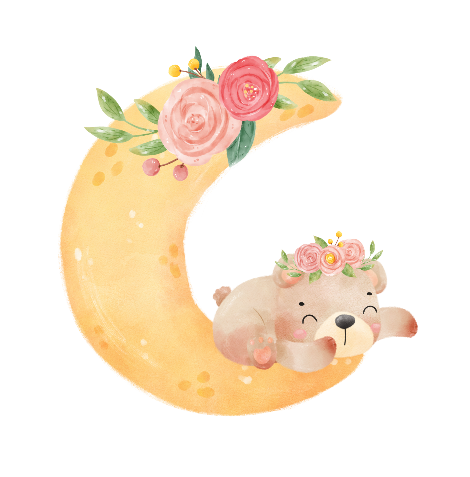 cute adorable innocence baby brown bear on floral crescent moon nursery