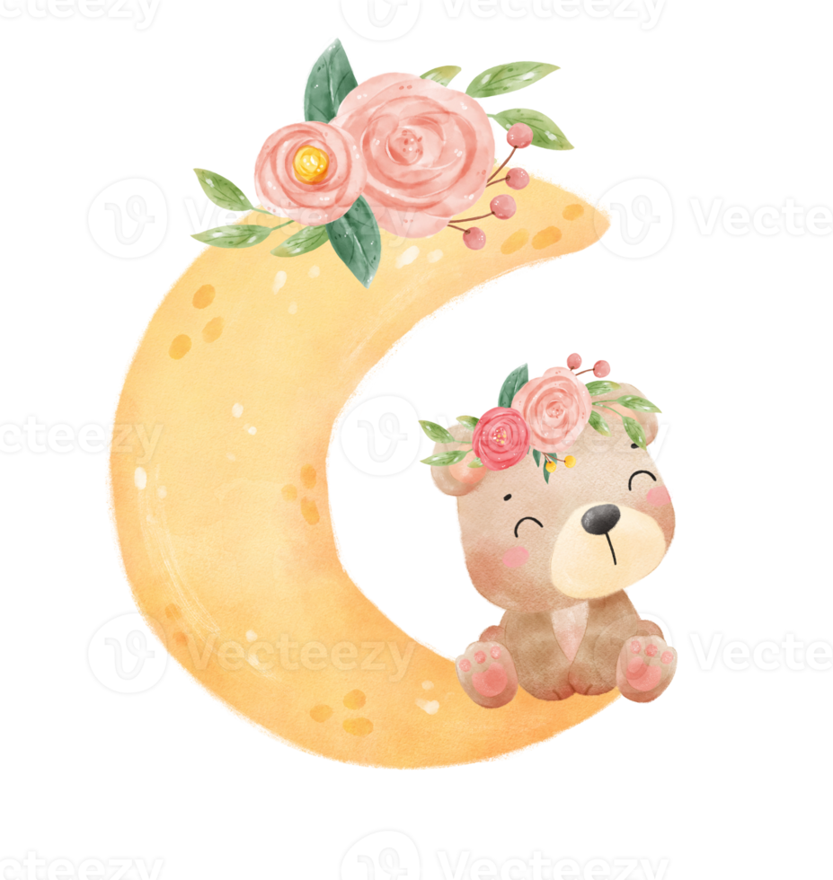 cute adorable innocence baby brown bear on floral crescent moon nursery  watercolour illustration png