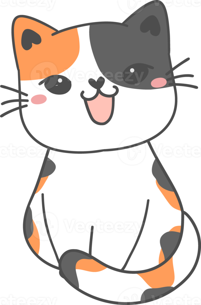 mignonne content sourire visage espiègle chaton chat calicot tri Couleur dessin animé griffonnage main tiré contour png