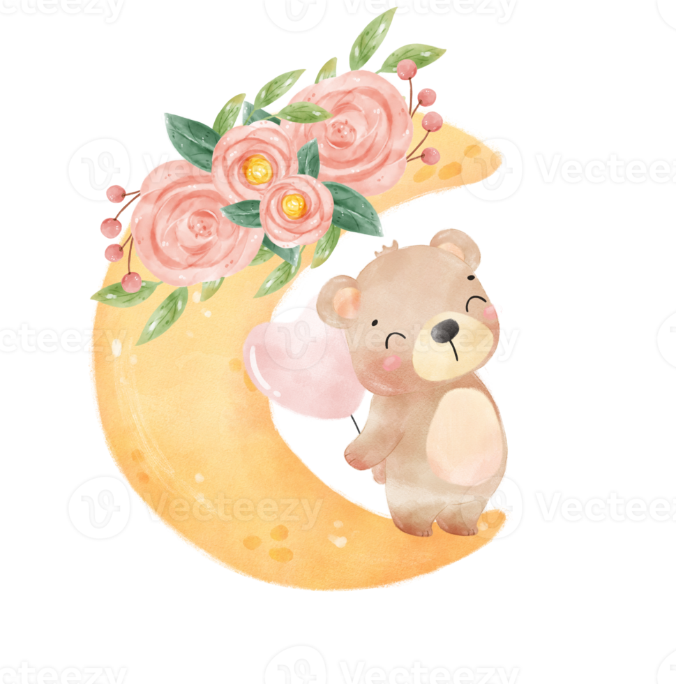 cute adorable innocence baby brown bear on floral crescent moon nursery  watercolour illustration png