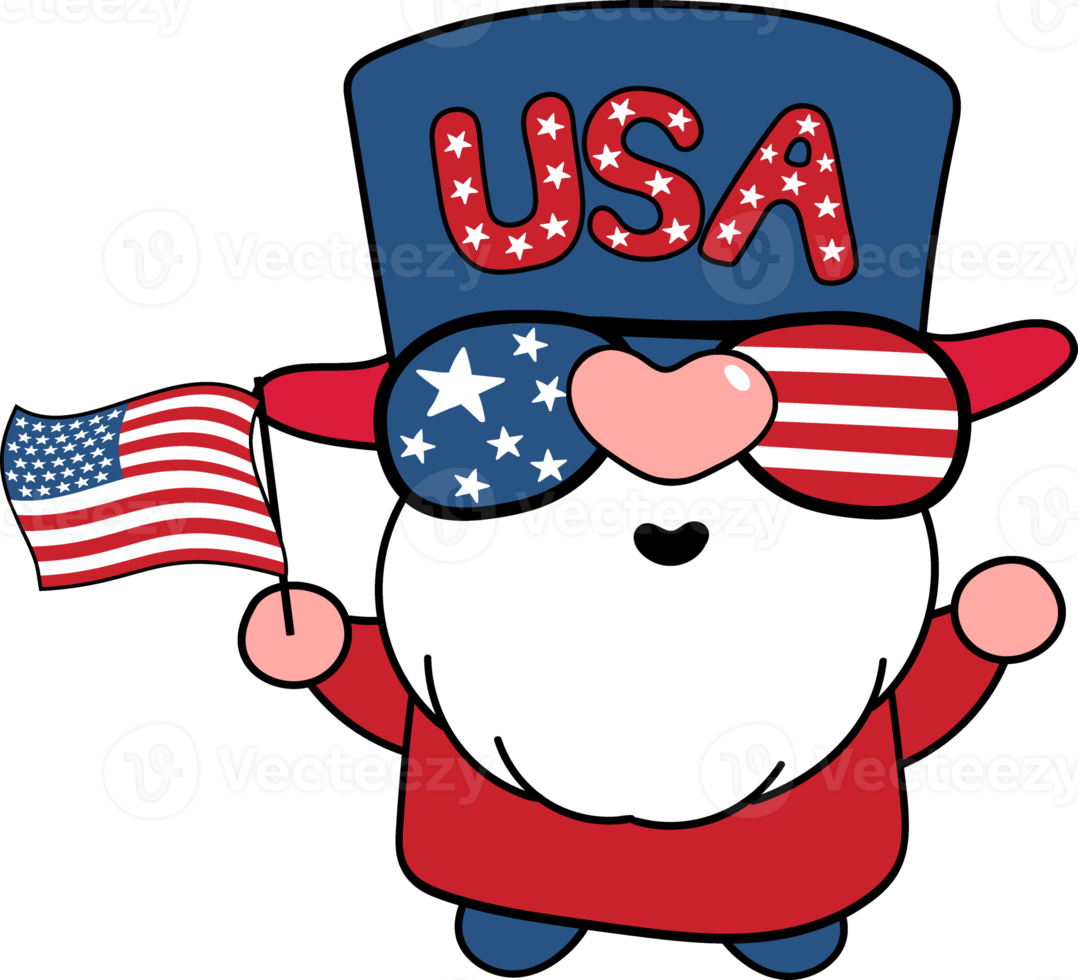 Happy smile face 4th July independence Gnome festive cartoon doodle hand drawing png