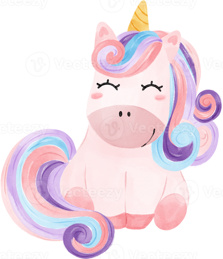 cute fancy magical purple baby unicorn children cartoon kid watercolour hand painting illustration png