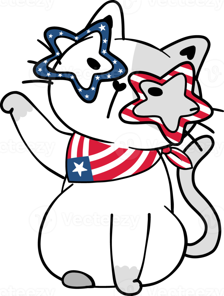 Cute happy funny playful kitten cat celebrating 4th July independence cartoon hand drawing doodle png