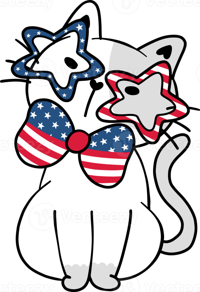 carino contento divertente giocoso gattino gatto festeggiare 4 ° luglio indipendenza cartone animato mano disegno scarabocchio png