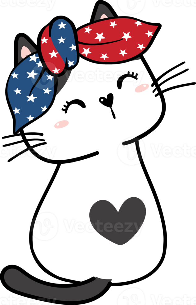 Cute happy funny playful kitten cat celebrating 4th July independence cartoon hand drawing doodle png