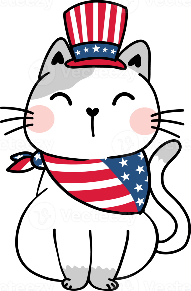 Cute happy funny playful kitten cat celebrating 4th July independence cartoon hand drawing doodle png