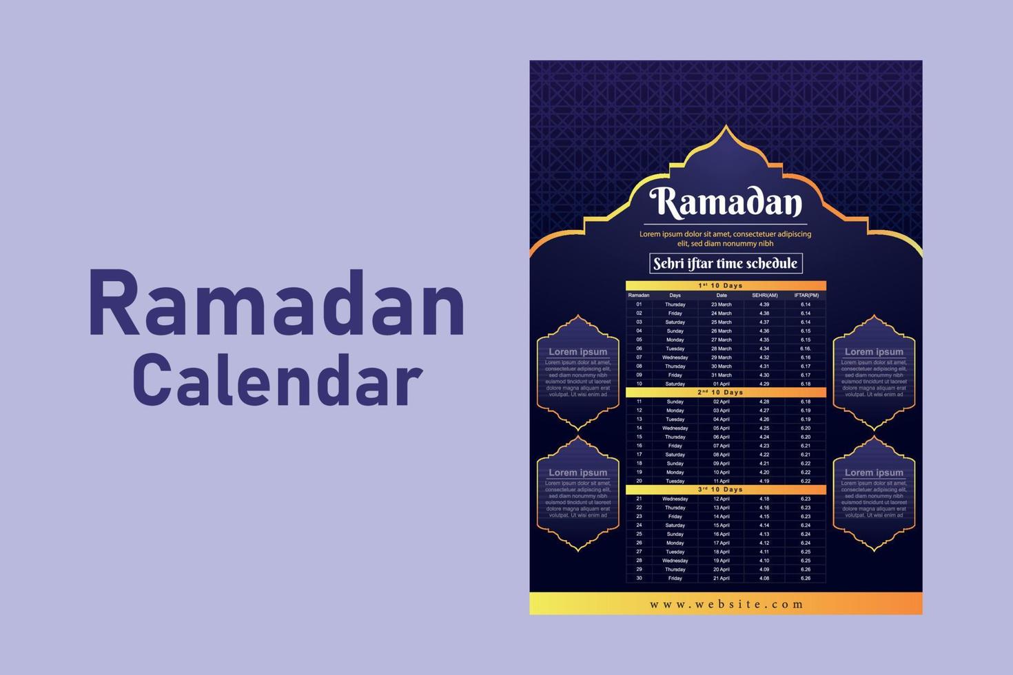 Ramadan Kareem Islamic calendar template and sehri ifter time schedule vector