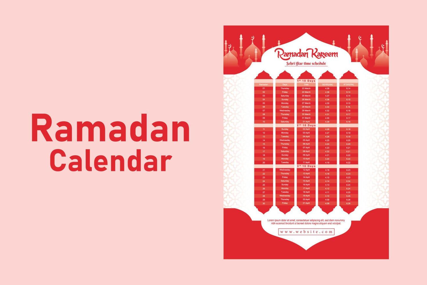 Ramadan Kareem Islamic calendar template and sehri ifter time schedule vector