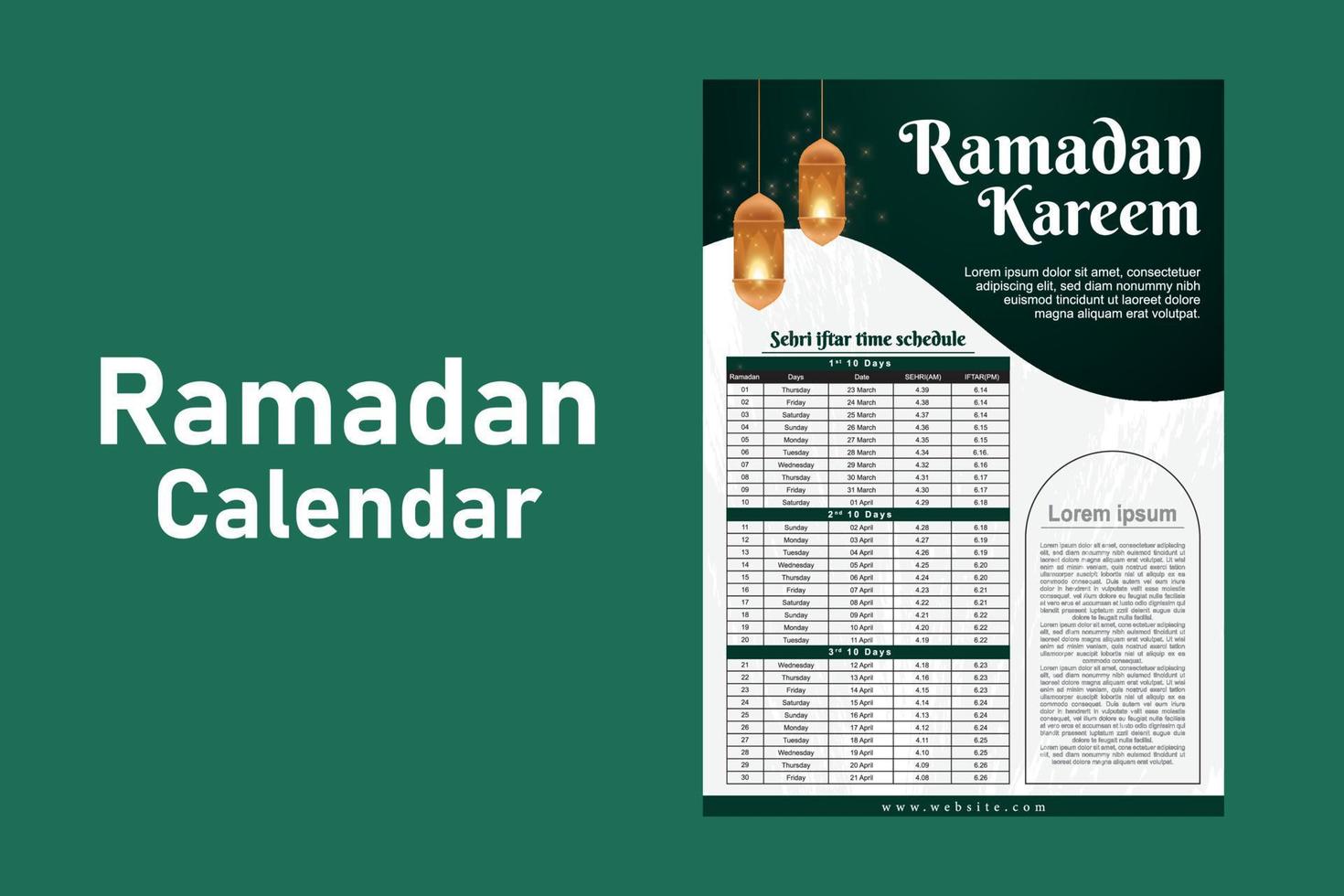 Ramadan Kareem Islamic calendar template and sehri ifter time schedule vector