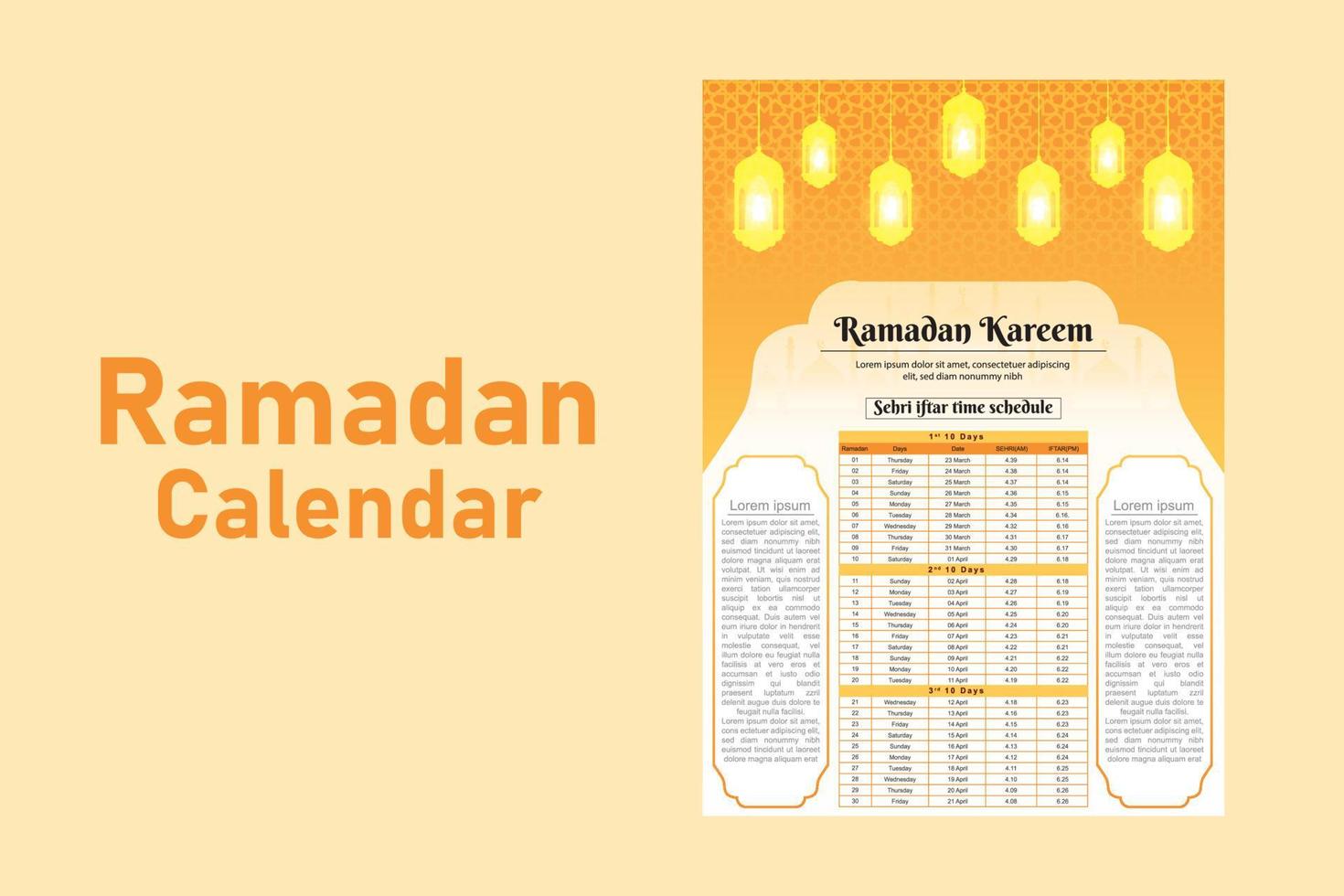 Ramadan Kareem Islamic calendar template and sehri ifter time schedule vector