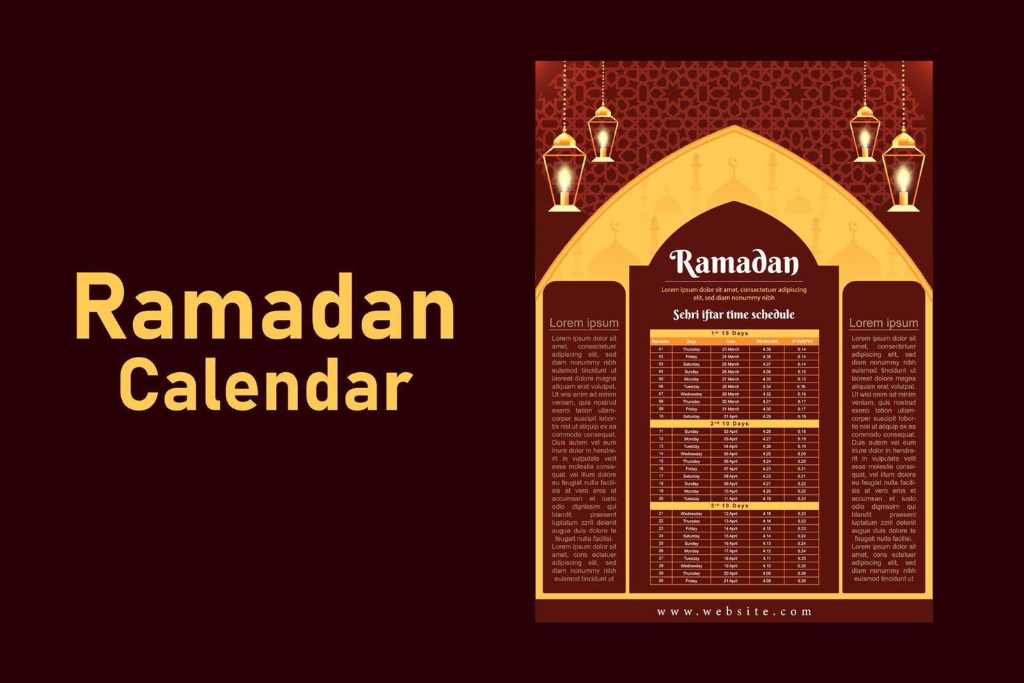 Ramadan Kareem Islamic calendar template and sehri ifter time schedule vector
