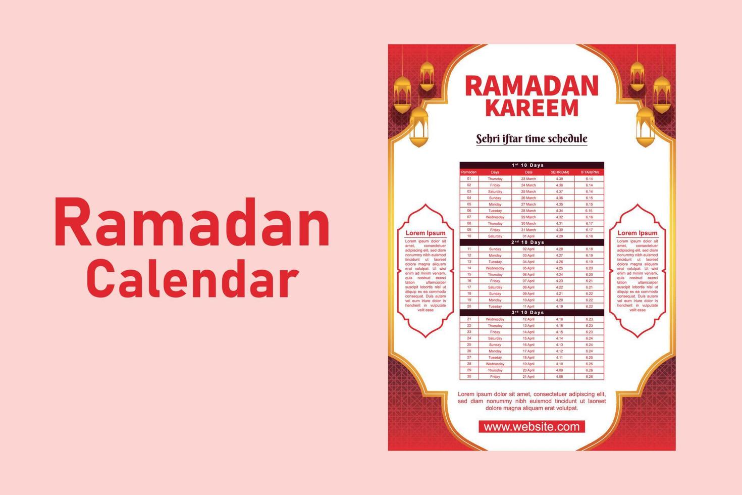 Ramadan Kareem Islamic calendar template and sehri ifter time schedule vector