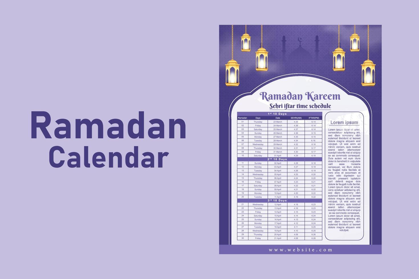 Ramadan Kareem Islamic calendar template and sehri ifter time schedule vector