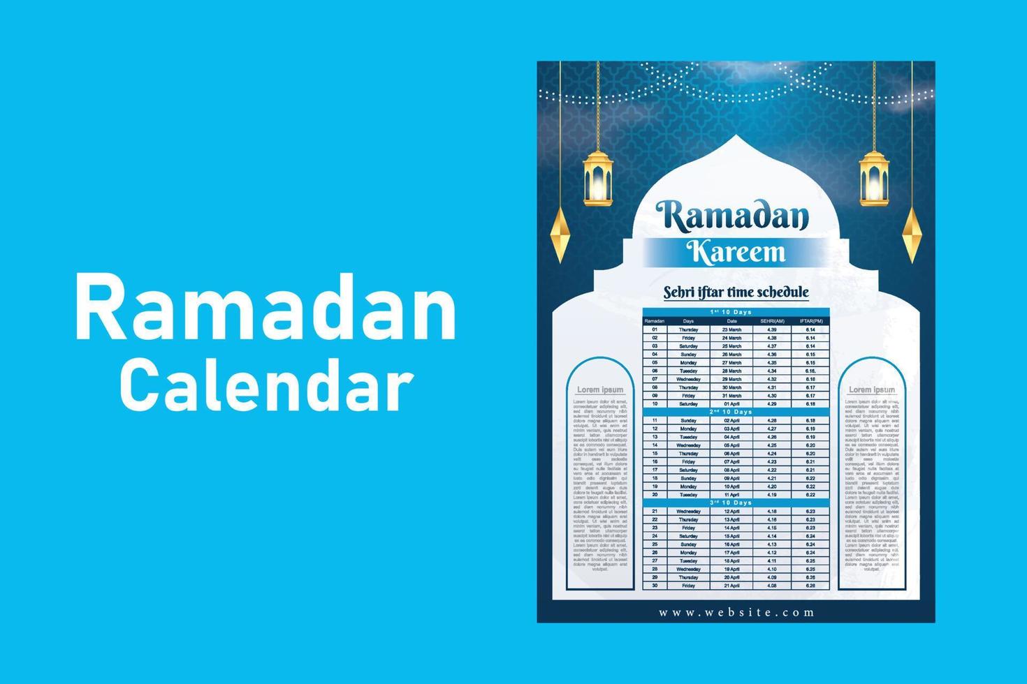 Ramadan Kareem Islamic calendar template and sehri ifter time schedule vector