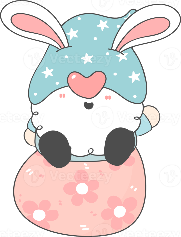 cute adorable happy smile gnome on Easter egg, spring easter with rabbit ears, cartoon hand drawing doodle png