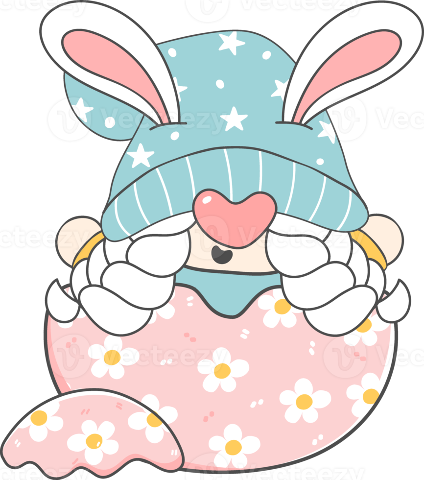 cute adorable happy smile gnome on Easter egg, spring easter with rabbit ears, cartoon hand drawing doodle png