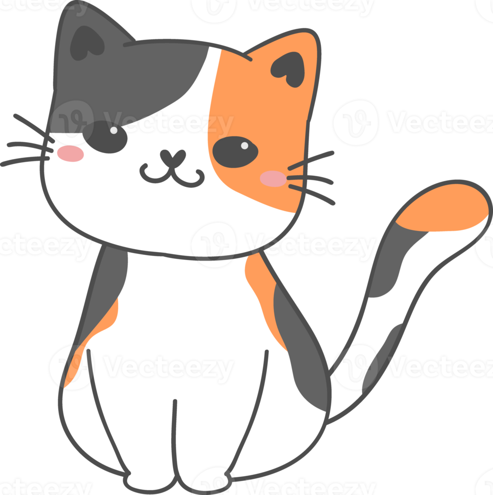 cute happy smile face playful kitten cat calico tri color cartoon doodle hand drawn outline png