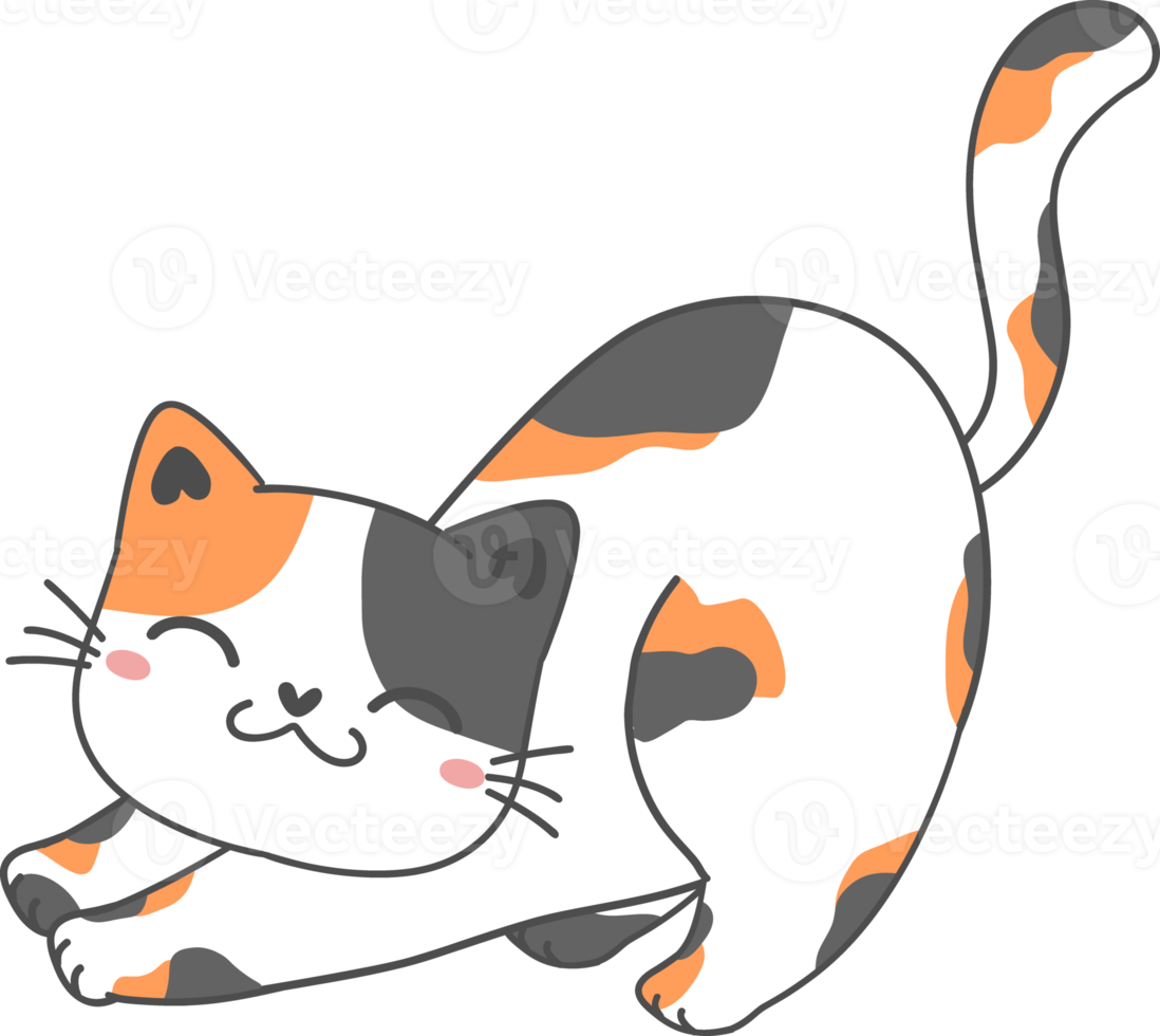 carino contento Sorridi viso giocoso gattino gatto calicò tri colore cartone animato scarabocchio mano disegnato schema png