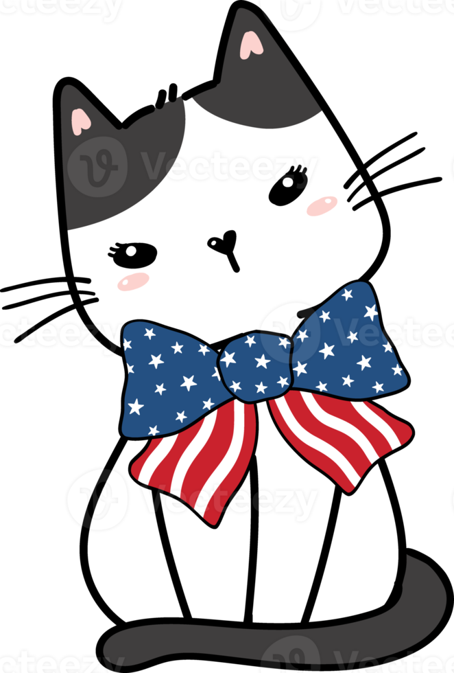 Cute happy funny playful kitten cat celebrating 4th July independence cartoon hand drawing doodle png
