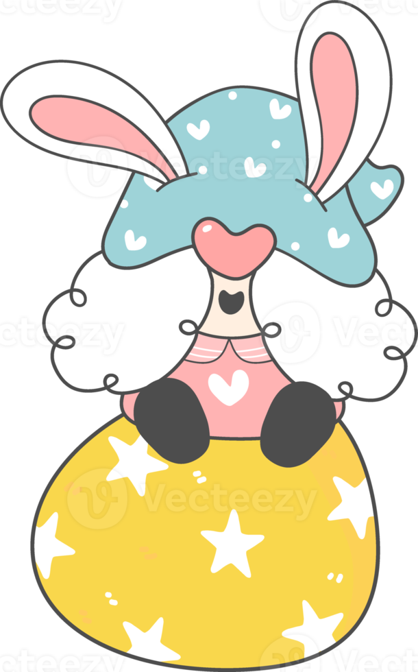 cute adorable happy smile gnome on Easter egg, spring easter with rabbit ears, cartoon hand drawing doodle png