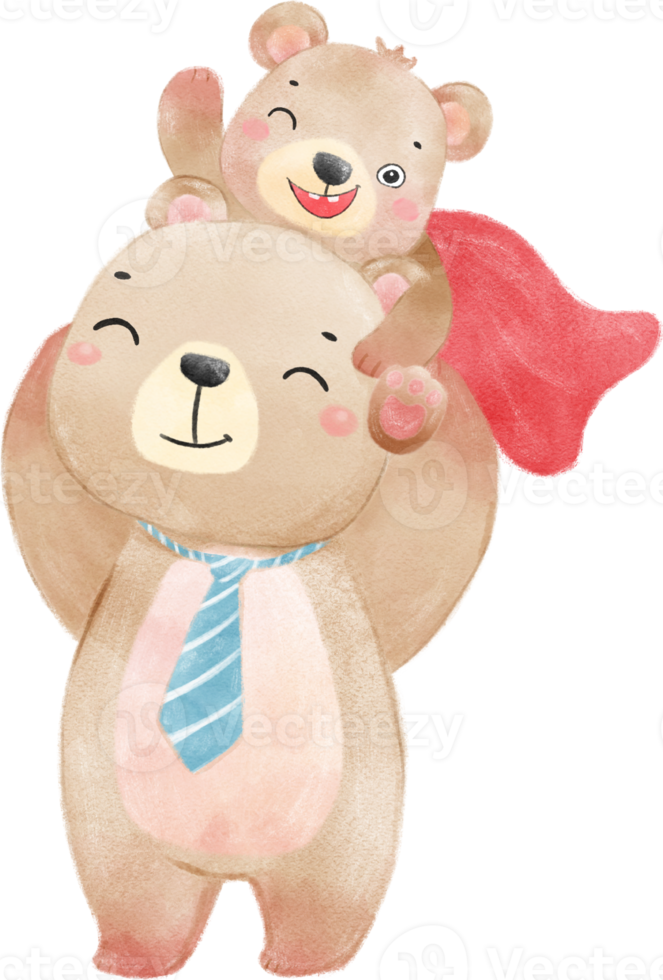 súper héroe papá osito de peluche oso con bebé hijo marrón cachorro padre día acuarela mano dibujo ilustración png