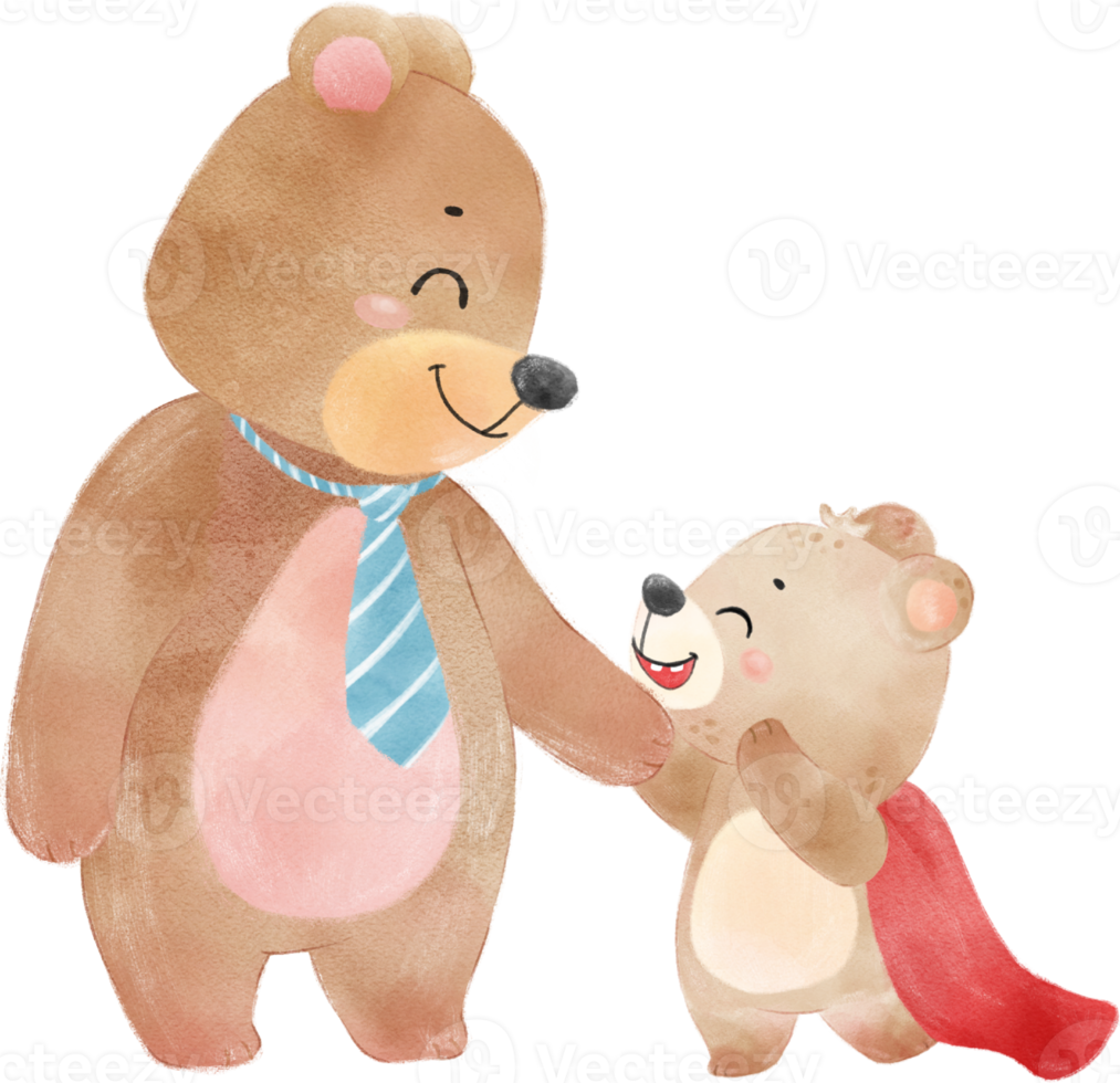 super hero dad teddy bear with baby son brown cub father day watercolour hand drawing illustration png