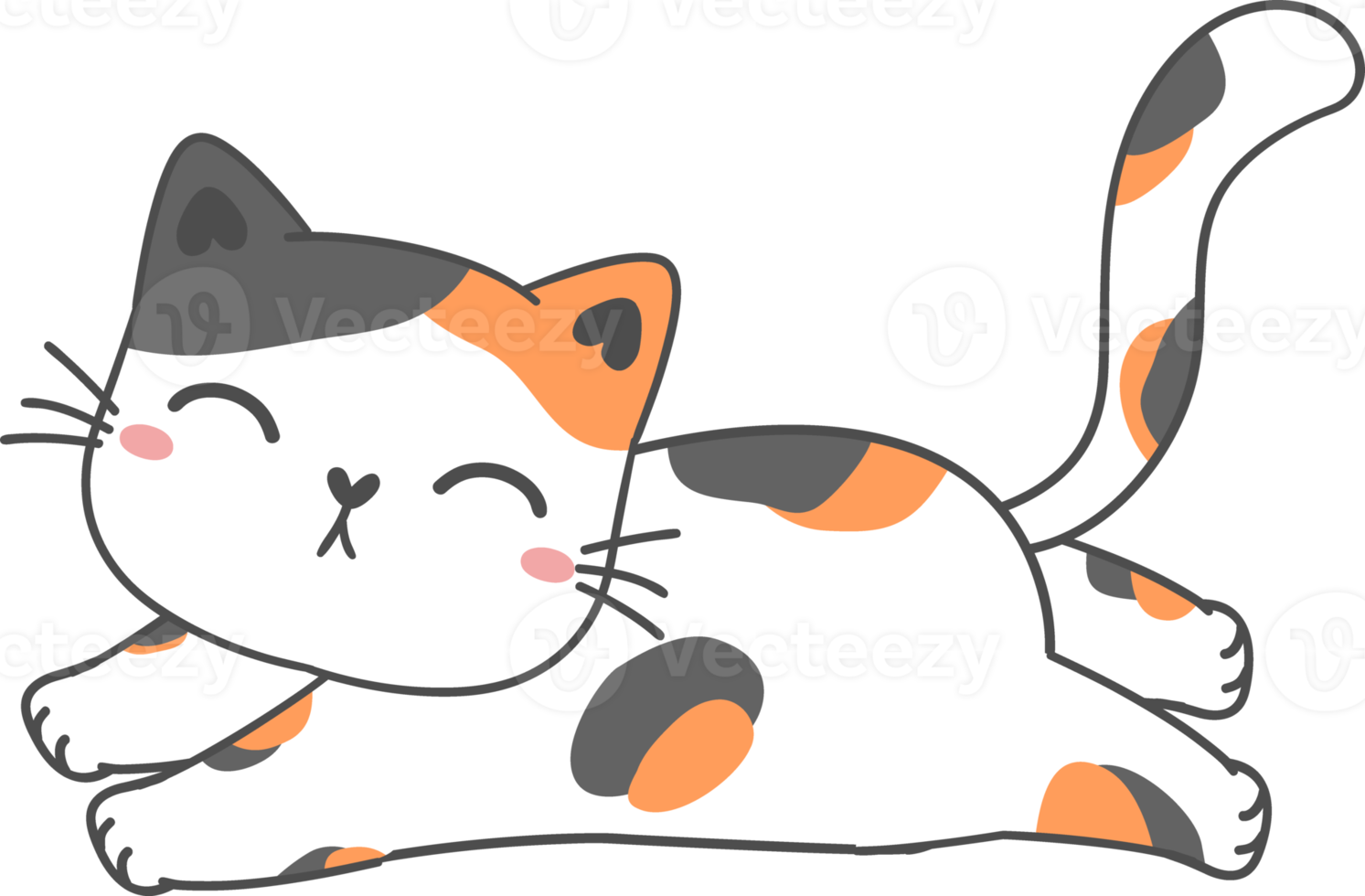 cute happy smile face playful kitten cat calico tri color cartoon doodle hand drawn outline png