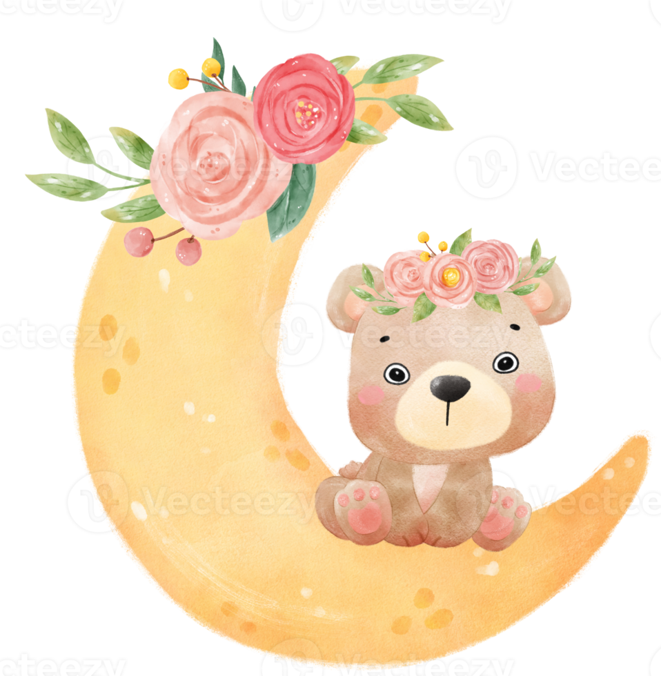 cute adorable innocence baby brown bear on floral crescent moon nursery  watercolour illustration png