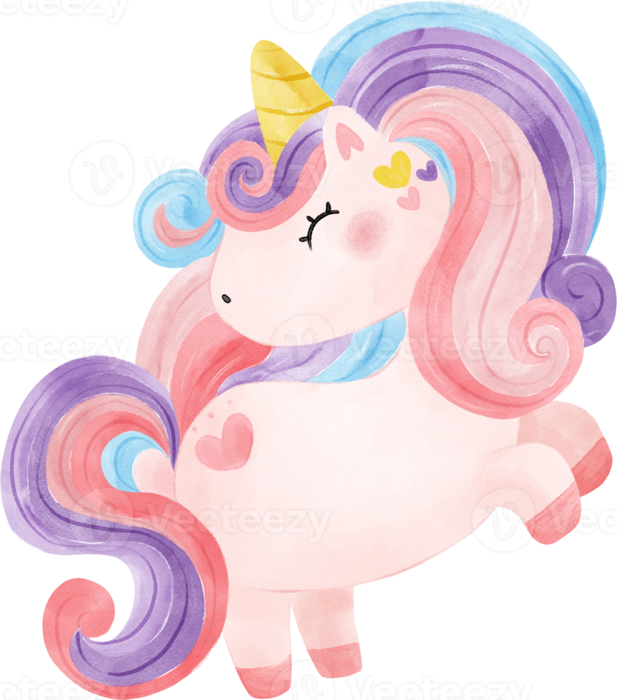 cute fancy magical purple baby unicorn children cartoon kid watercolour hand painting illustration png