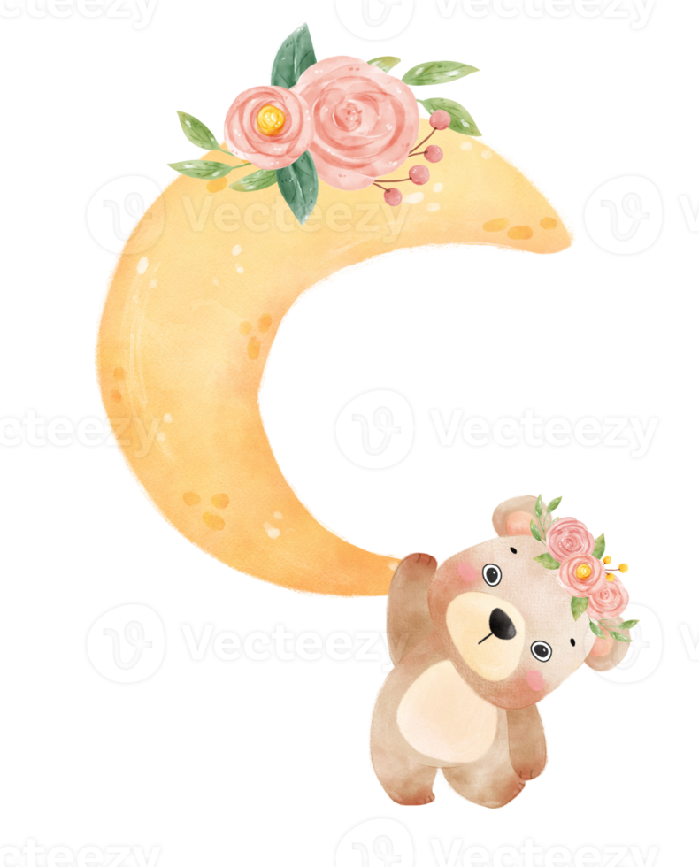 cute adorable innocence baby brown bear on floral crescent moon nursery  watercolour illustration png