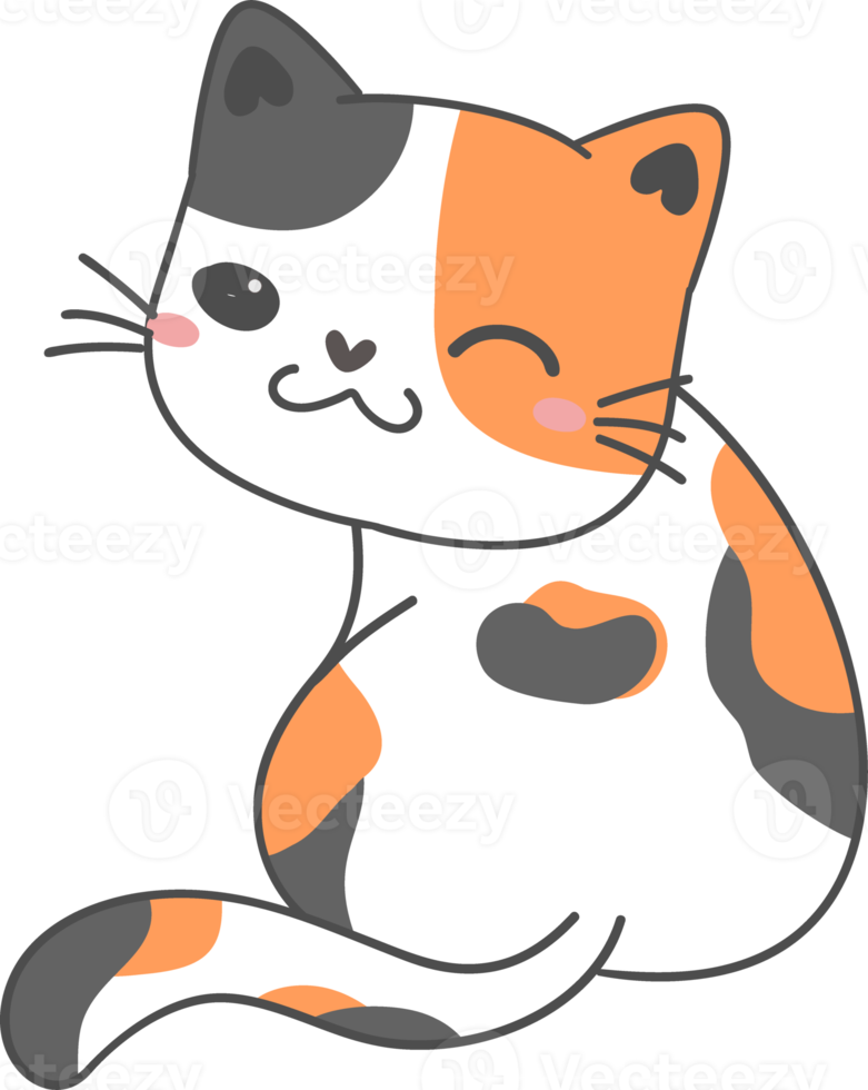 mignonne content sourire visage espiègle chaton chat calicot tri Couleur dessin animé griffonnage main tiré contour png