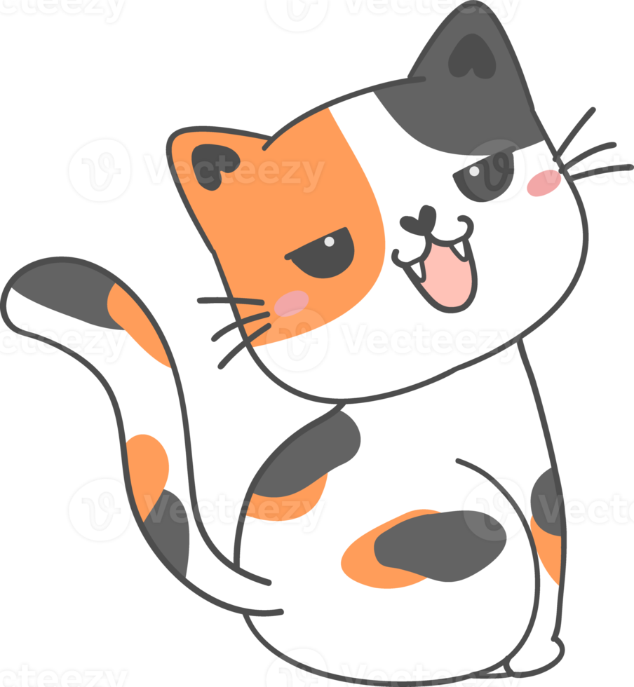 carino contento Sorridi viso giocoso gattino gatto calicò tri colore cartone animato scarabocchio mano disegnato schema png