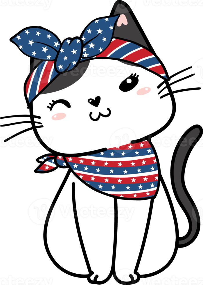 Cute happy funny playful kitten cat celebrating 4th July independence cartoon hand drawing doodle png