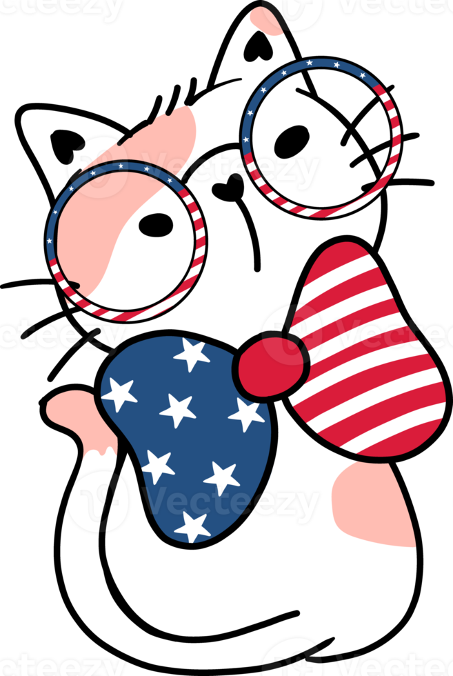 Cute happy funny playful kitten cat celebrating 4th July independence cartoon hand drawing doodle png