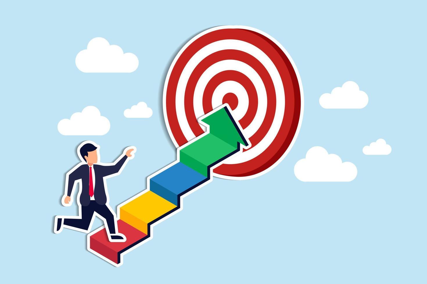 Reach target or progress to reach goal, career step to success, achievement or growth, challenge and motivation to succeed concept, businessman walking up stair with arrow as path to reach goal vector