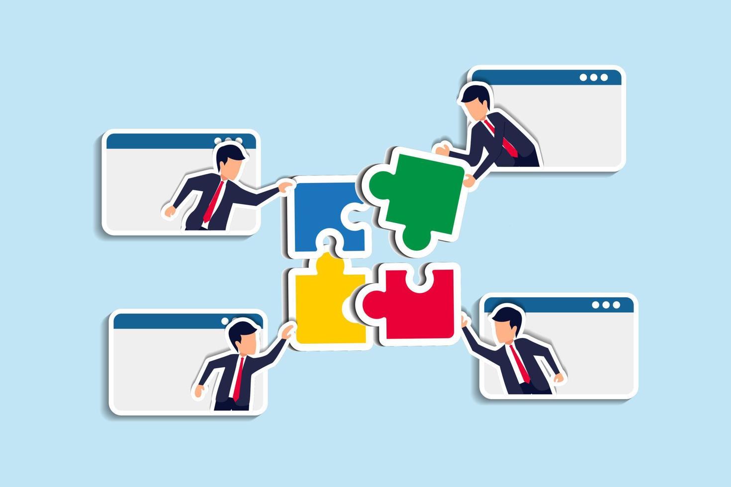 Work together, teamwork or collaboration to solve problem, hybrid work conference call to success together, partnership concept, businessman colleagues connecting jigsaw pieces together vector